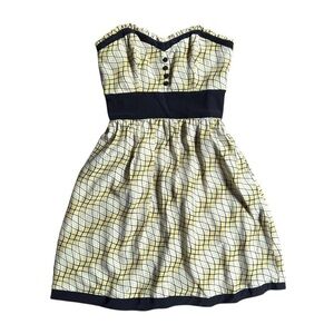 Y2k Betsey Johnson Yellow Black Retro Print Strapless Dress Sweetheart Bodice